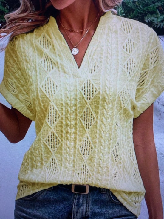 Tops - Light Yellow Knit V-Neck Short Sleeve Top
